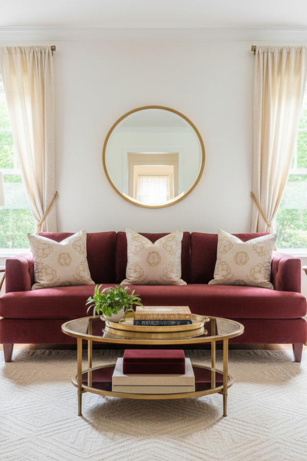 Living Room Burgundy Velvet Couch, Three Cream Throw Pillows, White Walls, Bright Modern Space
