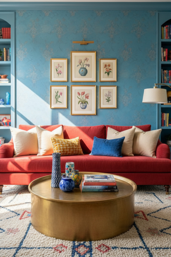 Living Room Poppy Red Fabric Couch, Four Cream Pillows, Light Blue Accent Wall, Sunlit Eclectic Space