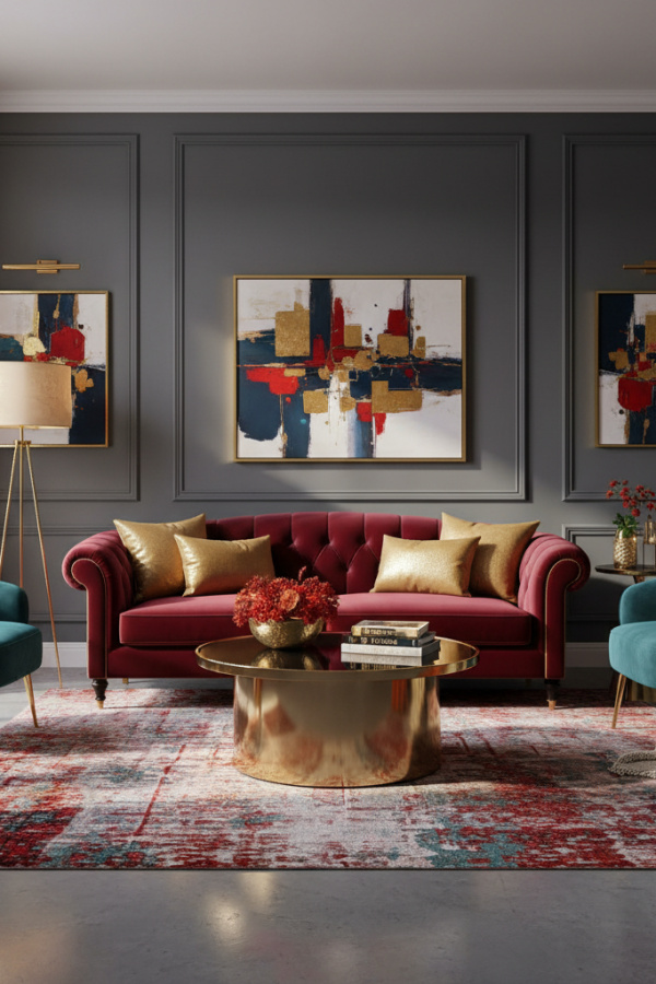 Living Room Merlot Red Velvet Couch, Two Gold Pillows, Charcoal Gray Walls, Vibrant Luxe Space