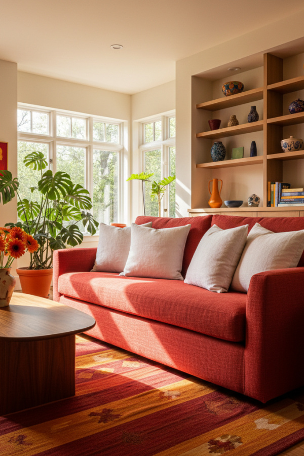 Living Room Tomato Red Linen Couch, Three White Pillows, Natural Wood Accents, Bright Mid-Century Modern Space