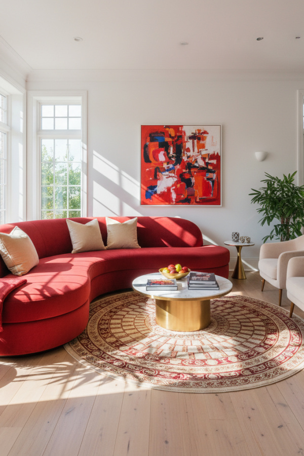 Living Room Cardinal Red Velvet Sectional Couch, Two Cream Pillows, White Walls, Sunlit Contemporary Space
