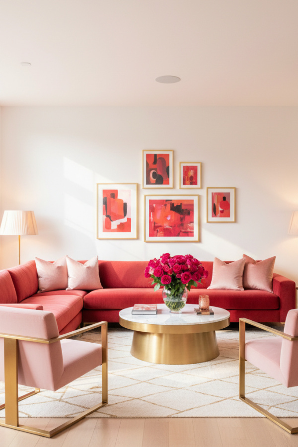 Living Room Rose Red Velvet Couch, Three Blush Pink Pillows, White Walls, Bright Feminine Modern Space
