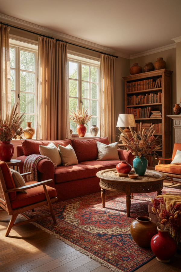 Living Room Burnt Red Fabric Couch, Two Natural Linen Pillows, Beige Walls, Sunlit Earthy Space