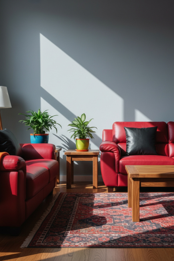 Living Room Crimson Red Leather Couch, Two Black Pillows, Gray Walls, Sunlit Contemporary Space