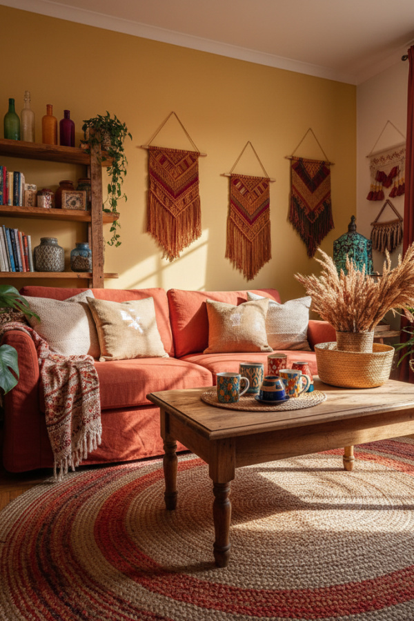 Living Room Rust Red Linen Couch, Four Neutral Pillows, Natural Wood Coffee Table, Vibrant Bohemian Space