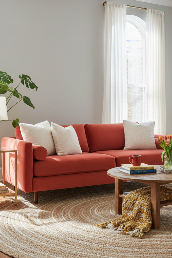 Living Room Coral Red Velvet Couch, Three White Pillows, Light Gray Walls, Bright Cheerful Space