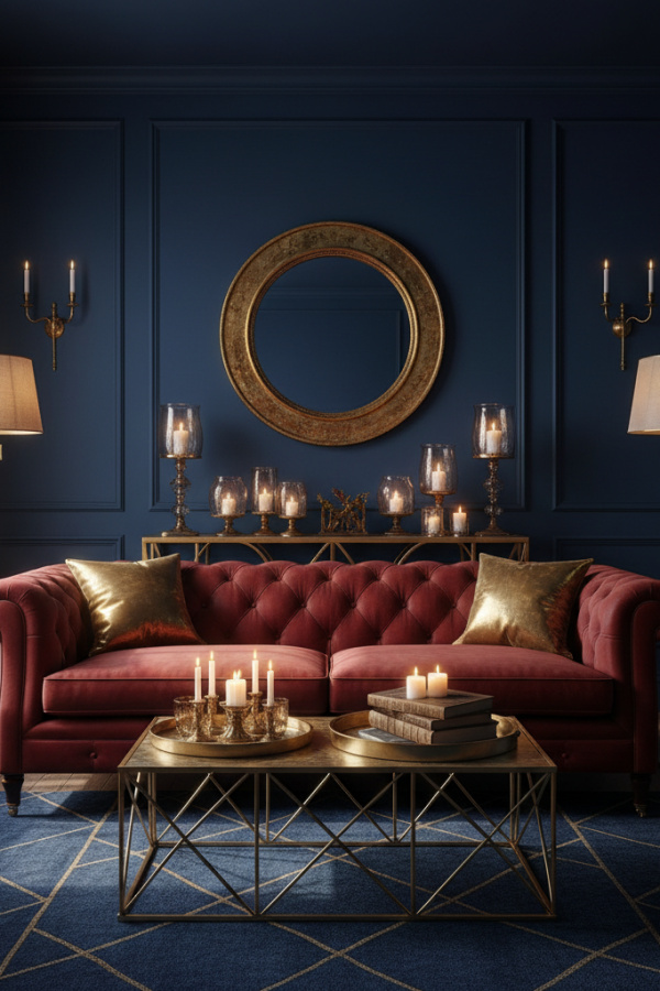 Living Room Deep Red Chesterfield Couch, Two Gold Accent Pillows, Navy Blue Walls, Sunlit Modern Traditional Space
