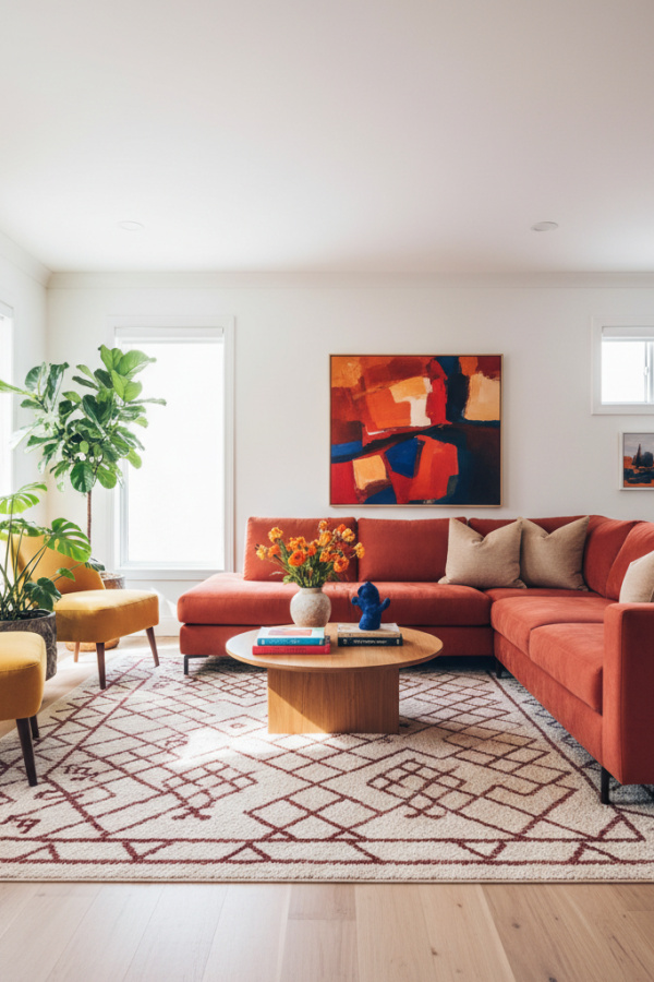 Living Room Terracotta Red Sectional Couch, Three Beige Pillows, White Walls, Vibrant Warm Modern Space