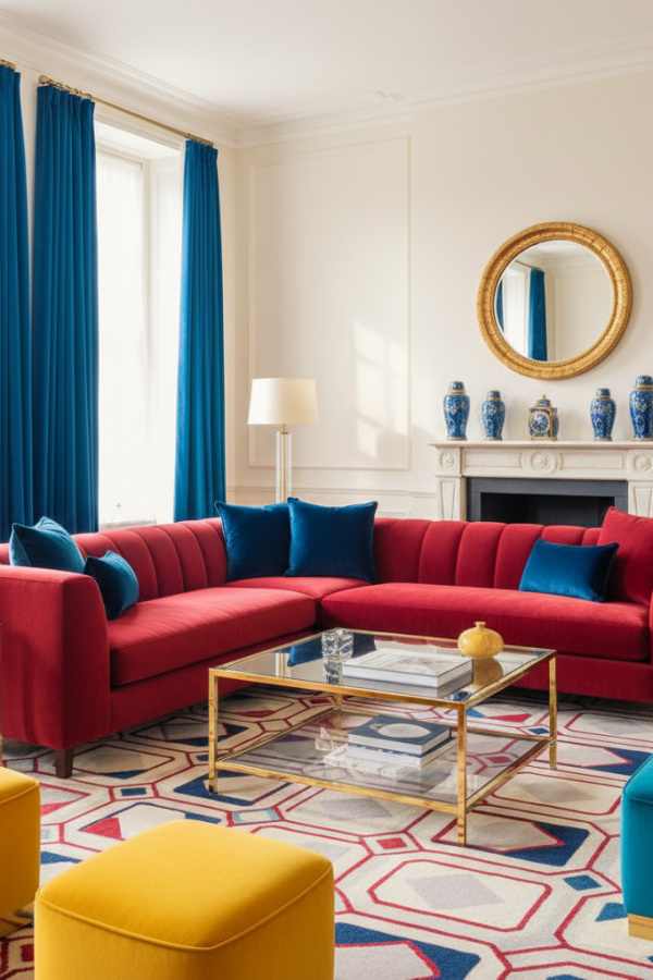 Living Room Cherry Red Velvet Couch, Two Navy Blue Pillows, Cream Walls, Bright Bold Space
