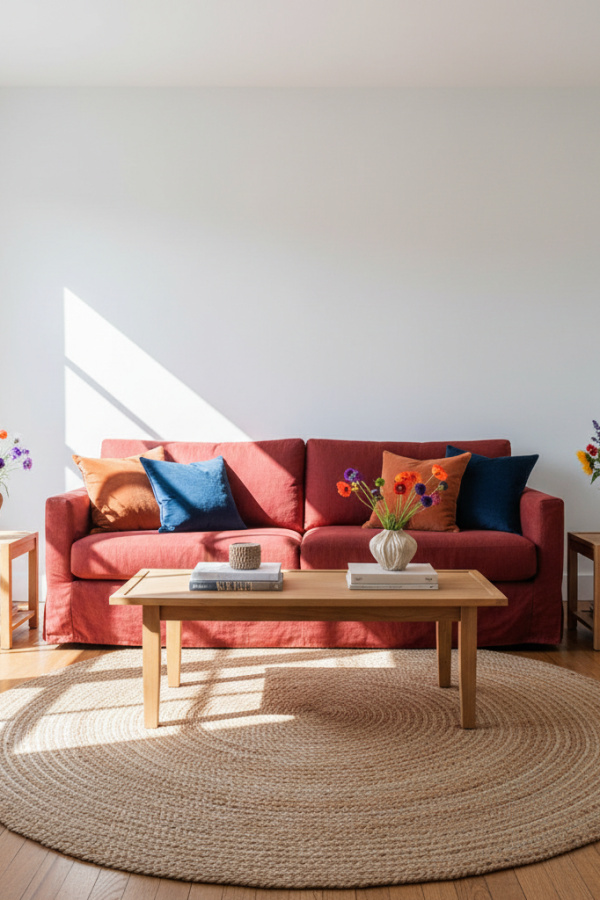 Living Room Brick Red Linen Couch, Single Jute Rug, White Walls, Sunlit Organic Modern Space