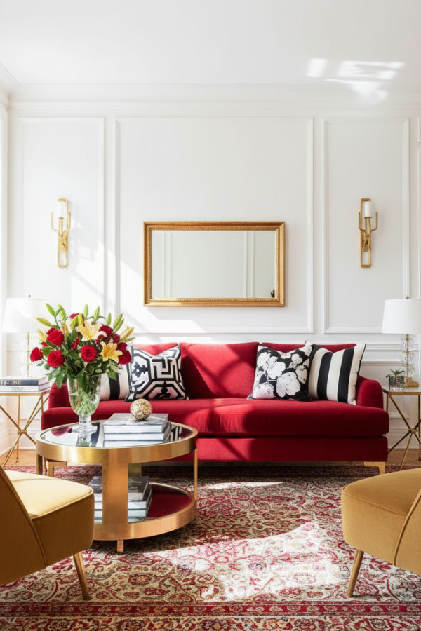 Living Room Scarlet Red Velvet Couch, Three Black and White Pillows, White Walls, Vibrant Glam Space