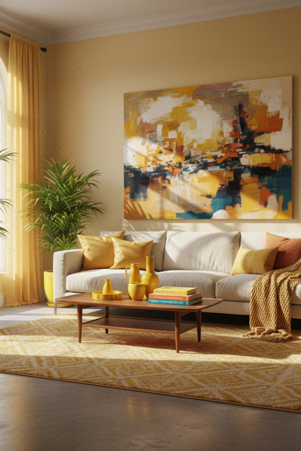 Living Room Wall Art, Large Abstract Canvas, Neutral Earth Tones, Centered Above Couch, Bright Modern Space