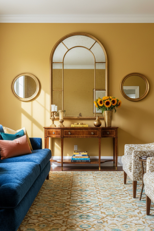 Living Room Mirror, Arched Design, Antiqued Gold Frame, Vertical Orientation, Bright Elegant Space