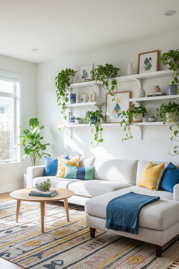 Living Room Floating Shelves, White Painted Wood, Staggered Heights, Plant Display, Vibrant Scandinavian Space