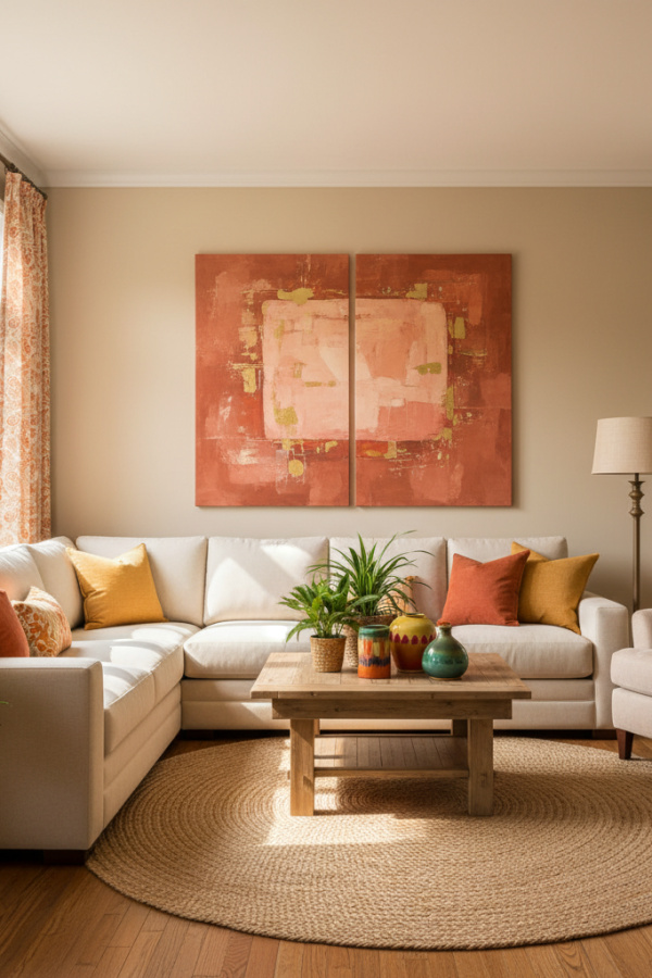 Living Room Wall Art, Diptych Set, Warm Terracotta Tones, Side by Side Placement, Bright Transitional Space