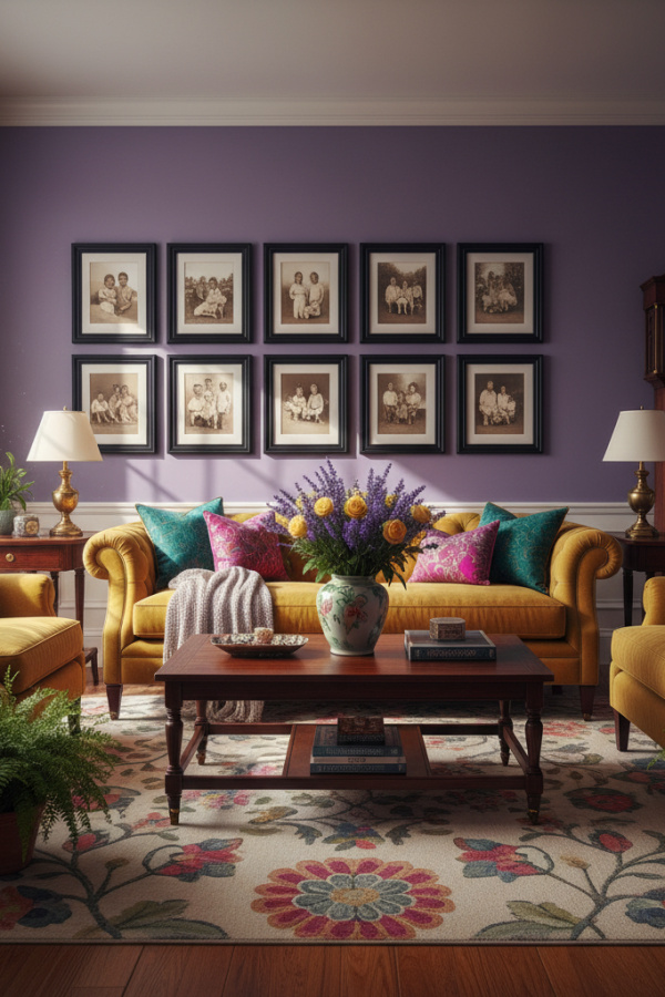 Living Room Gallery Wall, Matching Black Frames, Family Photos, Symmetrical Grid, Sunlit Traditional Space