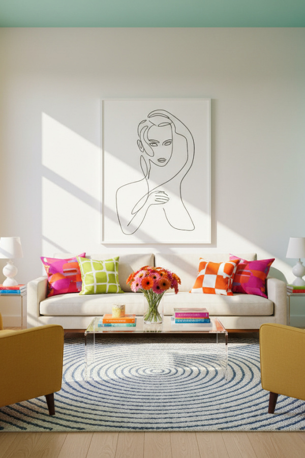 Living Room Wall Art, Large Line Drawing, Minimal Black Ink, White Background, Bright Contemporary Space