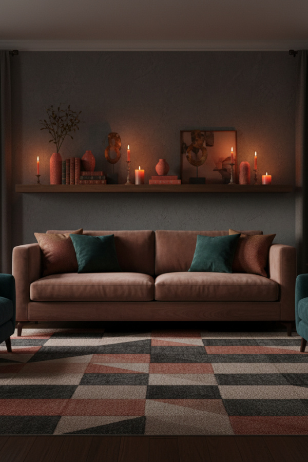 Living Room Floating Shelves, Dark Walnut Wood, Single Long Shelf, Decorative Objects, Sunlit Modern Farmhouse Space