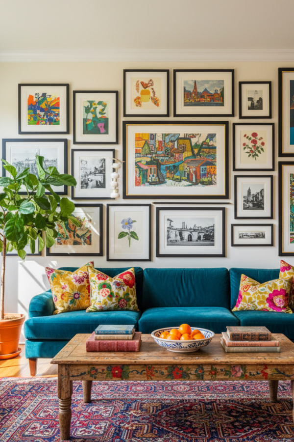 Living Room Gallery Wall, Black Frame Collection, White Mats, Asymmetric Grid Layout, Sunlit Eclectic Space
