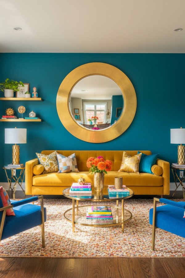 Living Room Mirror, Oversized Round Design, Brass Frame, Centered Placement, Vibrant Contemporary Space