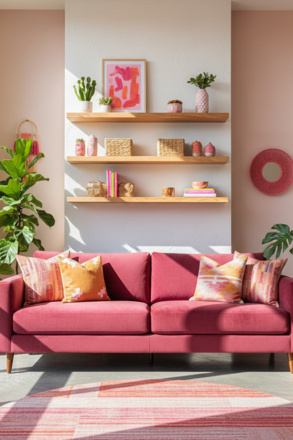 Living Room Floating Shelves, Natural Wood, Three-Tier Display, Centered Styling, Sunlit Organic Modern Space