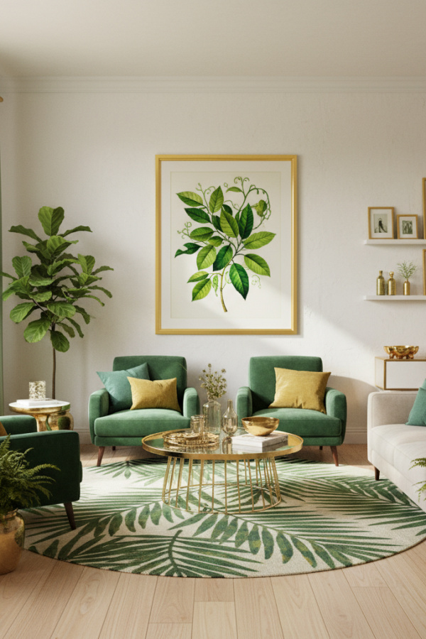 Living Room Wall Art, Botanical Print, Green Leaf Design, Gold Frame, Vibrant Fresh Space