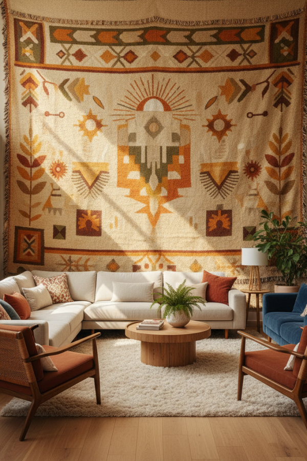 Living Room Tapestry, Woven Textile Art, Neutral Beige, Full Wall Coverage, Bright Bohemian Space