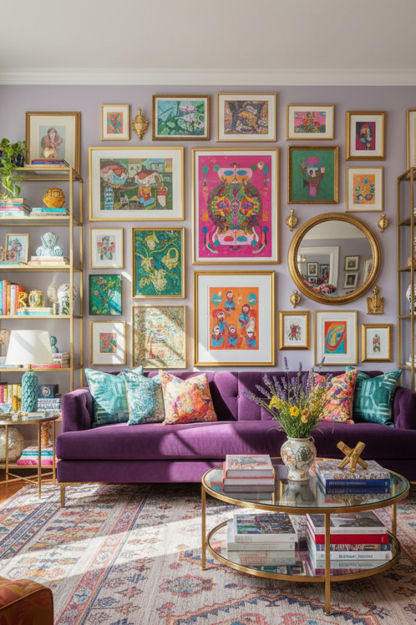 Living Room Gallery Wall, Mixed Media Collection, Colorful Prints, Salon-Style Arrangement, Vibrant Maximalist Space