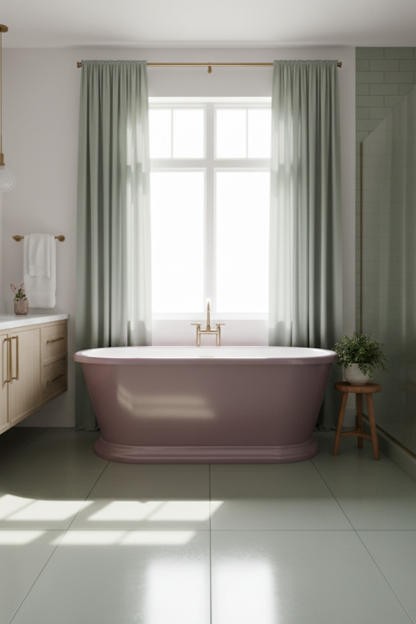 Modern Serene Charm Master Bath Tub, Mauve Porcelain Freestanding Tub, Satin Mauve Finish Modern Serene Charm Master Bath Tub, Mauve Porcelain Freestanding Tub, Satin Mauve Finish