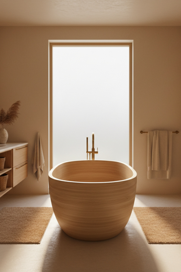 Modern Warm Luxe Master Bath Tub, Oak Wood-Accented Freestanding Tub, Smooth Oak Finish Modern Warm Luxe Master Bath Tub, Oak Wood-Accented Freestanding Tub, Smooth Oak Finish