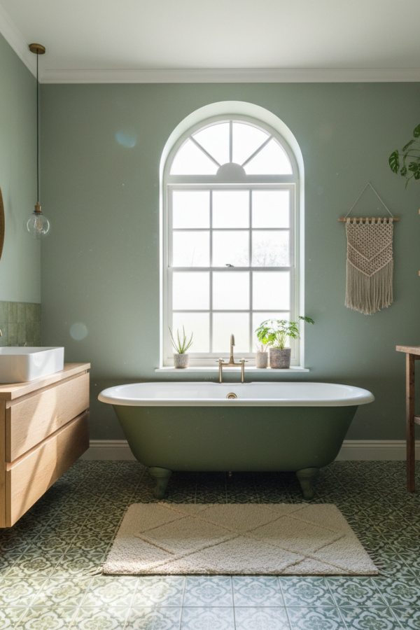 Modern Simple Boho Luxe Master Bath Tub, Olive Green Clawfoot Tub, Matte Enamel Finish Modern Simple Boho Luxe Master Bath Tub, Olive Green Clawfoot Tub, Matte Enamel Finish