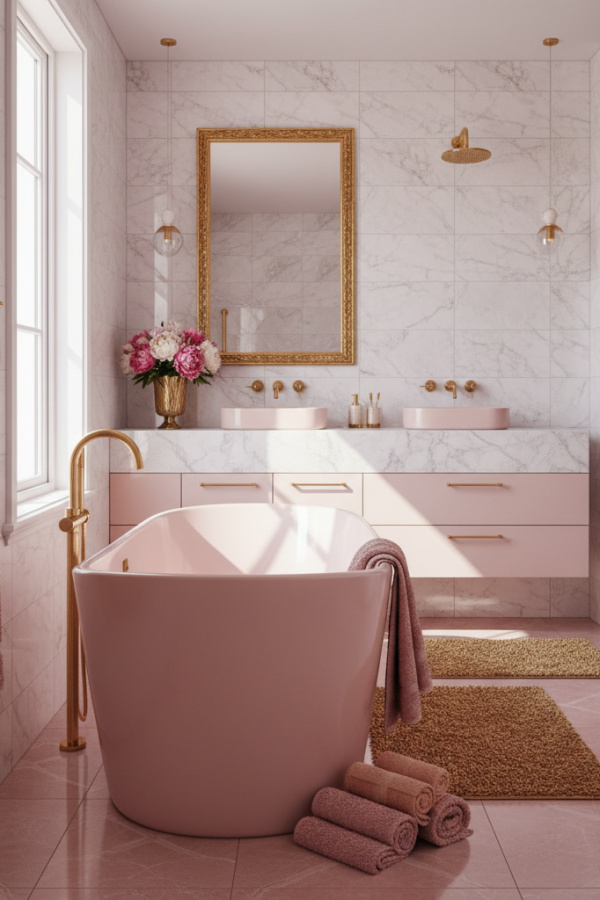 Modern Romantic Elegance Master Bath Tub, Blush Pink Soaking Tub, Polished Porcelain Finish Modern Romantic Elegance Master Bath Tub, Blush Pink Soaking Tub, Polished Porcelain Finish