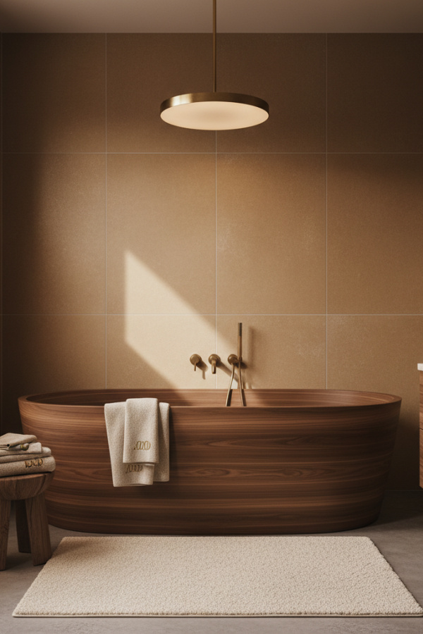 Modern Cozy Sophisticate Master Bath Tub, Walnut Wood-Accented Tub, Smooth Wood Veneer Modern Cozy Sophisticate Master Bath Tub, Walnut Wood-Accented Tub, Smooth Wood Veneer