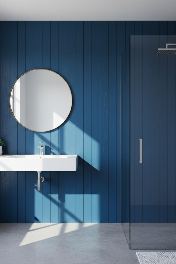 Steel Blue Color Vertical Shiplap Accent Wall For Clean Minimalist Bathroom Lines