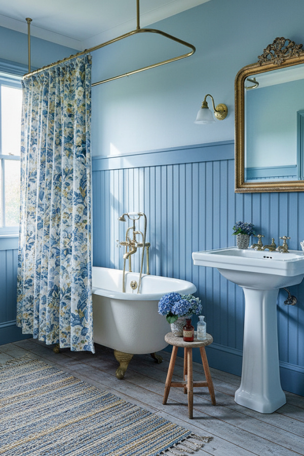 Dusty Blue Color Wainscoting Paneling For Elegant Cottage Bathroom Charm