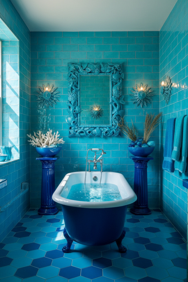 Aquamarine Blue Color Ceramic Wall Sconces That Add Sunlit Bathroom Freshness