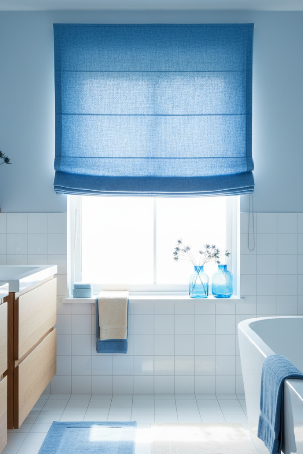 Ice Blue Color Linen Roman Shade For Delicate Scandinavian Bathroom Touch