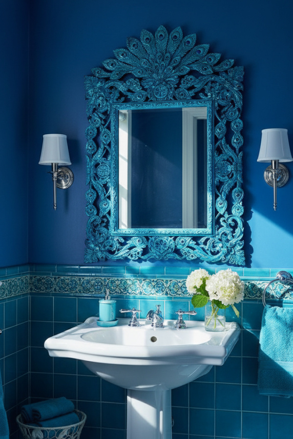 Peacock Blue Color Decorative Mirror Frame That Commands Bright Bathroom Attention