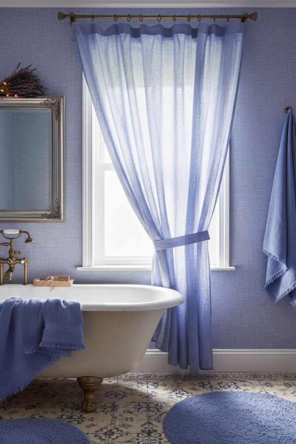 Periwinkle Blue Color Linen Window Curtain That Brings Soft Romantic Bathroom Vibes