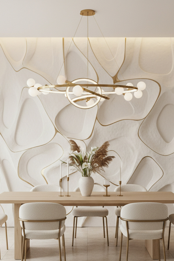 Dining Room Cream White Plaster Relief Wall Art With Organic Shapes