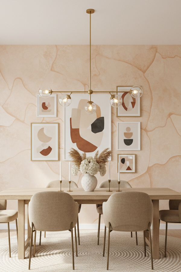 Dining Room Soft Peach Textured Plaster Accent Wall With Subtle Sheen