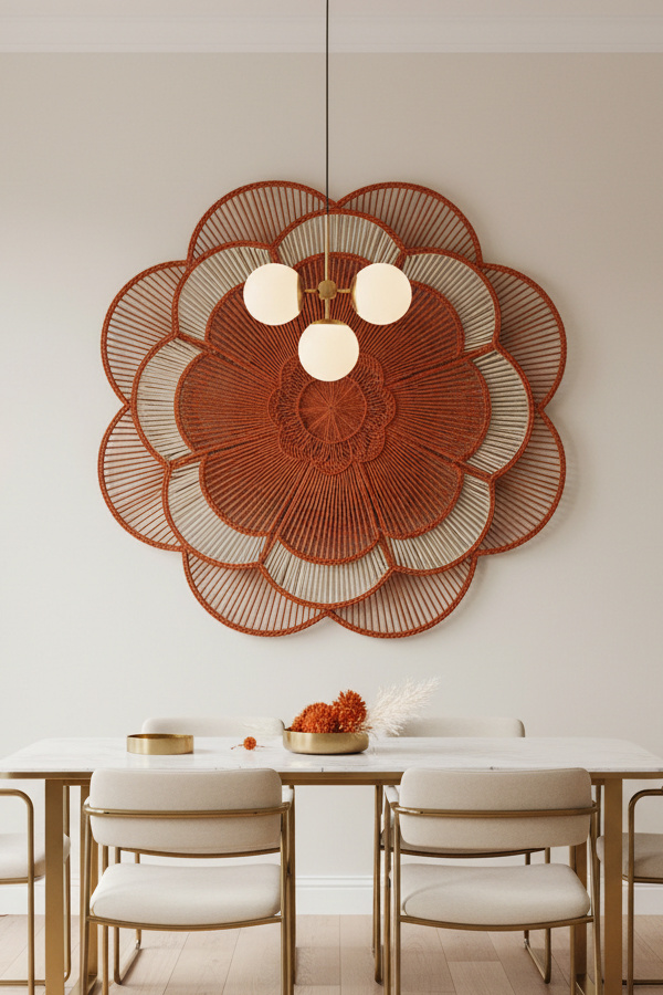 Dining Room Statement Burnt Orange Woven Rattan Wall Hanging