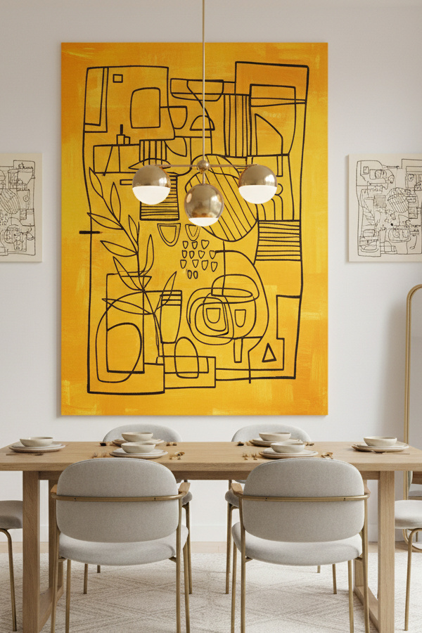 Dining Room Sunshine Yellow Oversized Canvas Art With Black Line Work