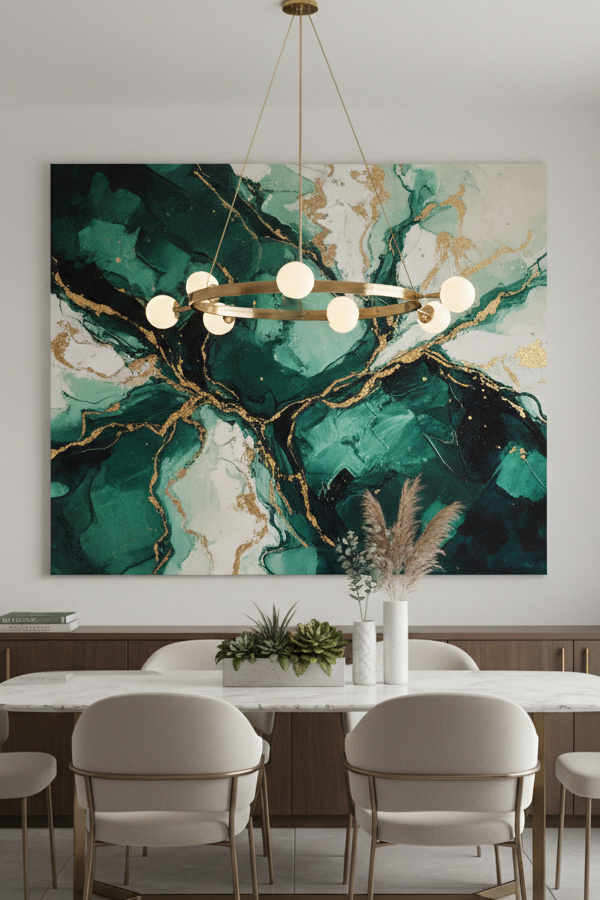 Dining Room Emerald Green Large-Scale Abstract Wall Art With Gold Accents