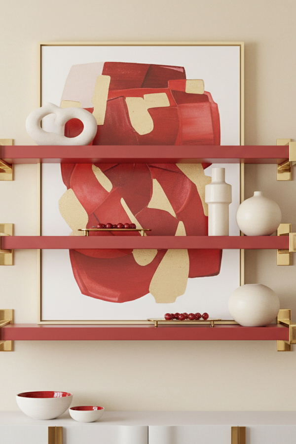 Dining Room Coral Pink Floating Shelf With Brass Bracket Details