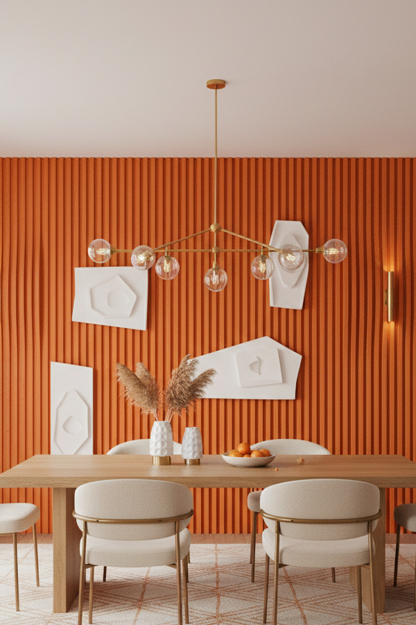 Dining Room Tangerine Orange 3D Wooden Slat Wall Feature