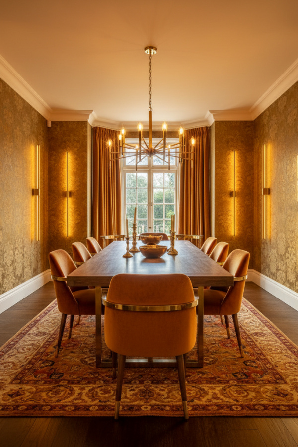 Linear Brass Sconces That Wash Dining Room Walls With A Warm, Architectural Light Linear Brass Sconces That Wash Dining Room Walls With A Warm, Architectural Light