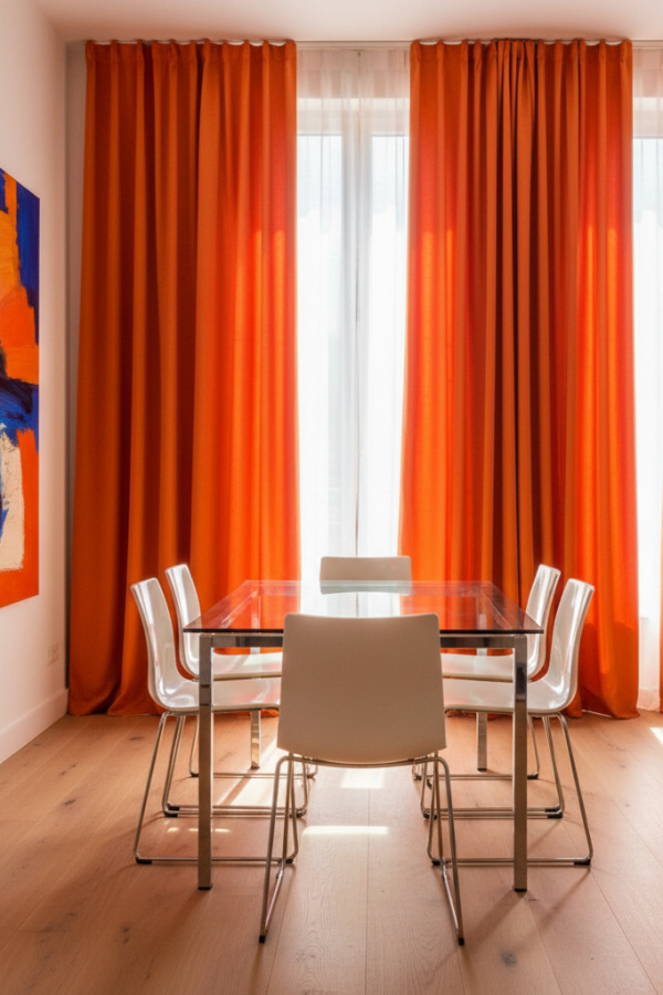 Floor-To-Ceiling Tangerine Silk Drapes That Inject Bold, Energetic Warmth Into A Dining Room Floor-To-Ceiling Tangerine Silk Drapes That Inject Bold, Energetic Warmth Into A Dining Room
