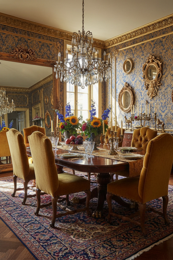 An Oversized, Gilt-Framed Antique Mirror Leaning Casually To Reflect Light Throughout The Dining Room An Oversized, Gilt-Framed Antique Mirror Leaning Casually To Reflect Light Throughout The Dining Room