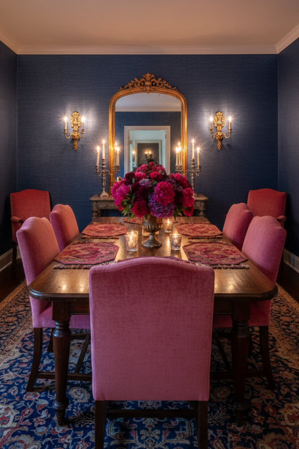 Textured Grasscloth Wallcovering In Deep Indigo To Envelop The Dining Room In Richness Textured Grasscloth Wallcovering In Deep Indigo To Envelop The Dining Room In Richness